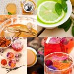 Collection Of Different Herbal Tea Infusion Collage Stock Photo