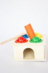 Colorful Hammer Case Wooden Toy On White Table Stock Photo