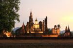 Ancient Buddha Statue At Twilight, Wat Mahathat In Sukhothai His Stock Photo