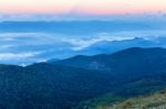 Early Morning Foggy  Sunrise On  Top Of Mountain Soft Focus Grai Stock Photo