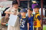 Student 9-10 Years Old, Scout In Adventure Activities, Scout Camp School Bangkok Thailand Stock Photo