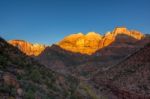 Sunrise Over The Towers Of The Virgin And The West Temple Stock Photo