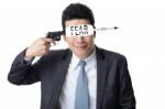 Businessman Use Gun Shoot Word Fear In His Head Isolated On Whit Stock Photo