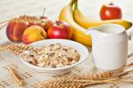 Bowl Of Muesli For Breakfast With Fruits Stock Photo