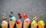 Various Of Ice Cream Flavor In Cones Blueberry ,strawberry ,pist Stock Photo