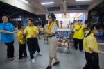 Student 9-10 Years Old, Scout Activities, Dance Performances Around The Fire., Scout Camp Bangkok Thailand Stock Photo