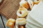 Bread On Tray And Sack Stock Photo