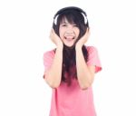 Woman  And Headphone Stock Photo