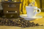 Cup Of Coffee, Coffee-beans, Coffee Grinder, Coffee Sack	 Stock Photo