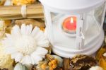 Dried Flowers With Lamp And Candle Stock Photo