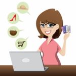 Cartoon Cute Girl Shopping Online With Credit Cards Stock Photo