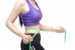 Woman In Sport Bra Measuring Her Body With Tape Isolated On Whit Stock Photo