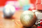 Golden Balls On Wooden Stock Photo