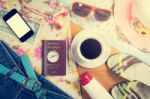 Set Of Travel Accessory Background Stock Photo