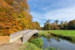 Autumn Forest Landscape With Wooden Bridge Over Water Stock Photo