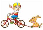 Boy And Dog Riding A Bicycle Stock Photo