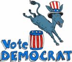 Vote Democrat Donkey Mascot Jumping Over Barrel Cartoon Stock Photo