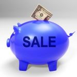 Sale Piggy Bank Shows Price Cut And Discounted Products Stock Photo