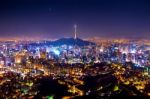 View Of Downtown Cityscape And Seoul Tower In Seoul, South Korea Stock Photo