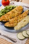 Meat And Vegetables Zucchini Halves Stock Photo