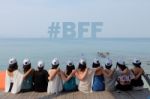 Women Friends Sit Hug Together Look #bff Sea Sky Stock Photo