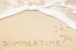 Inscription Of The Word Summertime And Sun With Umbrella Drawing Stock Photo