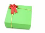 Green Gift Box With Red Ribbon Bow Isolated On White Background Stock Photo