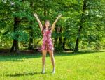 Young Beautiful Girl Standing Hands Up Stock Photo