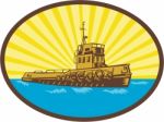 River Tugboat Oval Woodcut Stock Photo