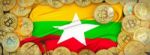 Bitcoins Gold Around Burma  Flag And Pickaxe On The Left.3d Illu Stock Photo