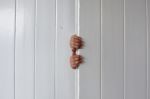 Children Hand Open Wooden Door Stock Photo