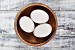 Duck Eggs In Brown Wooden Bowl Stock Photo