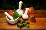 Mortar And Pestle With Herbs Stock Photo