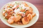 Spicy Salad Of Shrimp And Egg Tofu Stir-fry Stock Photo