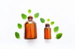 Natural Mint Essential Oil In A Glass Bottle With Fresh Mint Lea Stock Photo