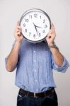 Man Holding Clock, Show Time To You Stock Photo