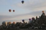 Balloons At Valley In Cappadocia Stock Photo