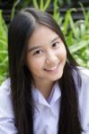 Portrait Of Thai High School Student Uniform Teen Beautiful Girl Happy And Relax, Stock Photo