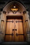 Wooden Parliament In London Old Church Door And Marble Antique Stock Photo