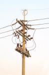 Vertical Electric Pole Junction Evening Sky Stock Photo