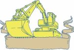 Mechanical Digger Excavator Ribbon Scroll Drawing Stock Photo