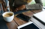 Coffee And The Women In Cafes With Mobile Phones, Lapto Stock Photo