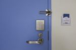 Door With Stainless Steel Lock Set And Access Control Card Stock Photo
