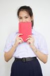 Asia Thai High School Student Uniform Beautiful Girl Read A Book Stock Photo