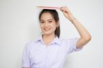 Asia Thai High School Student Uniform Beautiful Girl Read A Book Stock Photo