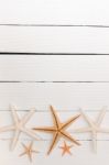 Starfish On White Wood Stock Photo