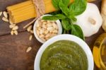 Italian Traditional Basil Pesto Pasta Ingredients Stock Photo