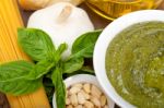 Italian Traditional Basil Pesto Pasta Ingredients Stock Photo