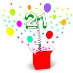 Number Twenty One Surprise Box Shows Birthday Celebration Or Par Stock Photo