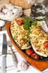 Aubergine Stuffed With Vegetables And Cheese Stock Photo